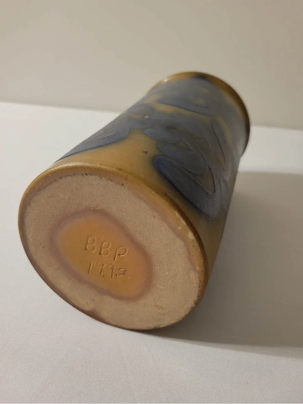 Handmade Pottery Vase with Blue Leaf Design